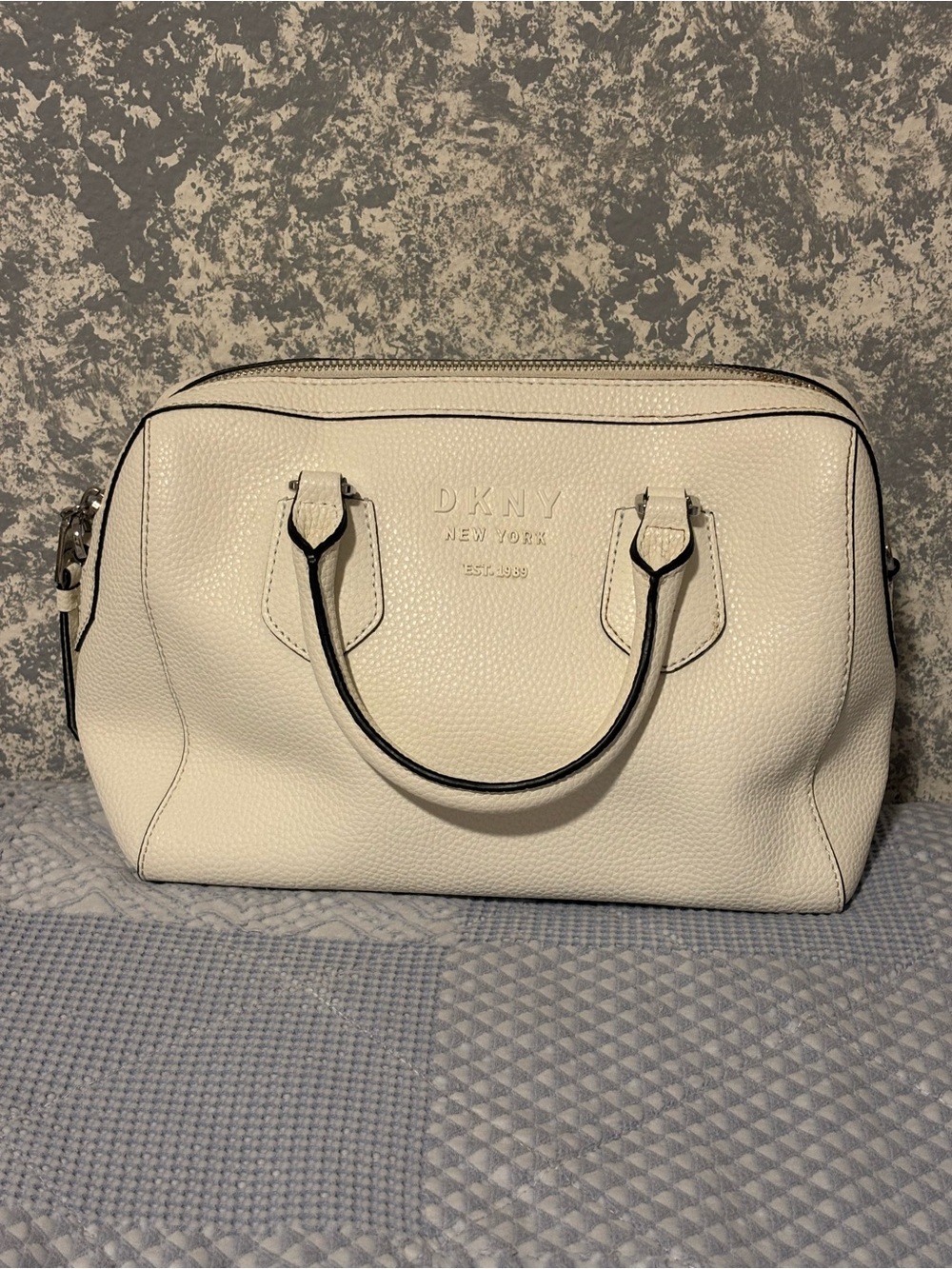 DKNY White Pebbled Leather Satchel with Black Trim